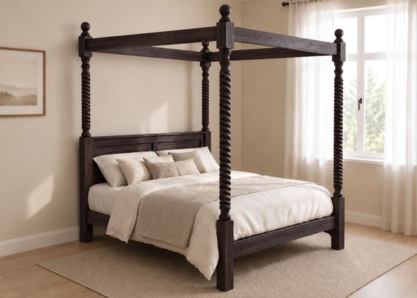 Warsaw Four Poster bed, natural wood finish, substantial corner posts, slatted base, and tall vertical posts in walnut.