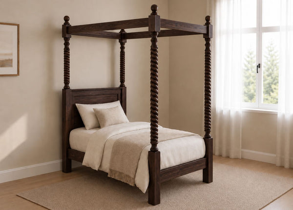 Warsaw Four Poster bed, natural wood finish, substantial corner posts, slatted base, and tall vertical posts in walnut and single size.