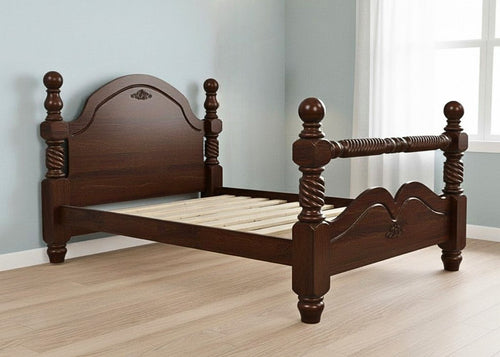 Dark brown wooden bed frame with ornate carved posts and headboard, featuring solid slats.