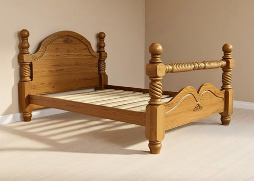 Warsaw Pine Bed, a solid Scandinavian pine bed frame with a warm wood finish and supportive slats.