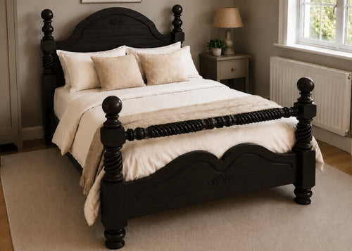 Warsaw Double Wooden Bed with Twisted Barley Rails | Black Ash Finish