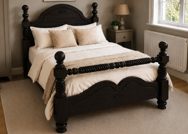 Warsaw Double Wooden Bed with Twisted Barley Rails | Black Ash Finish