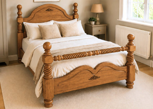 Warsaw Double Wooden Bed with Twisted Barley Rails | Oak Finish