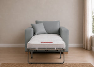 Willow Sofa Bed Armchair in Faux Leather Mist with Natural Feet and Mattress Out