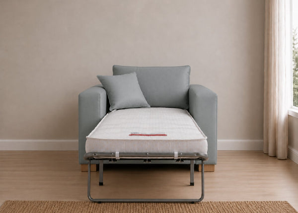 Willow Sofa Bed Armchair in Faux Leather Mist with Natural Feet and Mattress Out