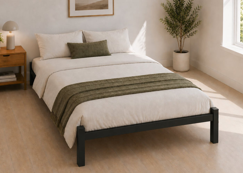 Black platform steel bed with reinforced mesh base