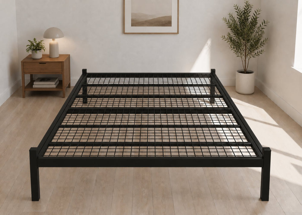 Black platform steel bed with reinforced mesh base