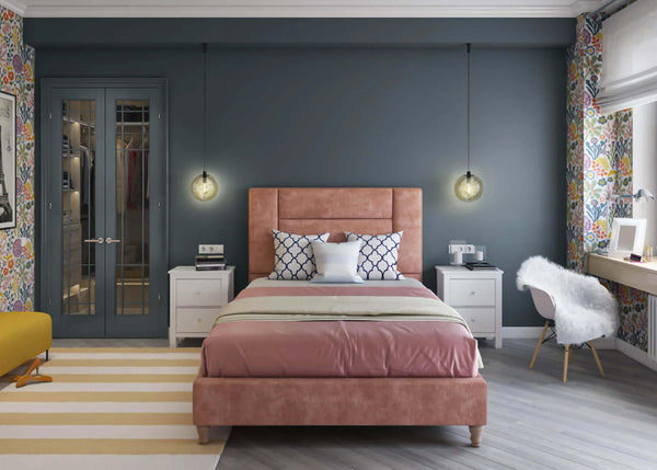 Aphrodite Bed in Danza Velvet Salmon shown in double size