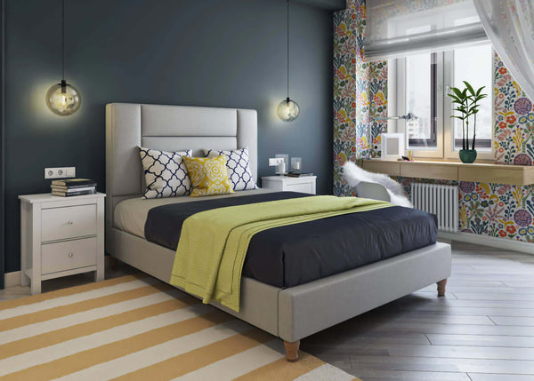 Aphrodite Fabric Bed in Moda Dove Grey Shown in Double