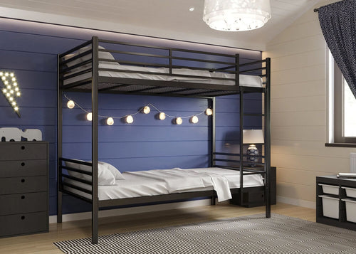 Heavy duty bunk bed with reinforced steel frame and mesh bases