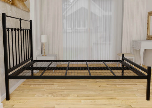 Side profile of black Lauren metal bed highlighting heavy-duty welded mesh slat base, robust centre support bar, and solid steel legs designed to prevent sagging
