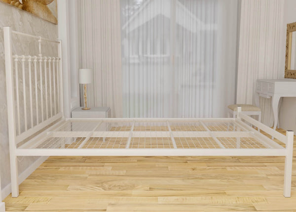 Side view of Ivory Lauren bed frame on hardwood floor, displaying reinforced mesh bed base and fully welded joints. 
